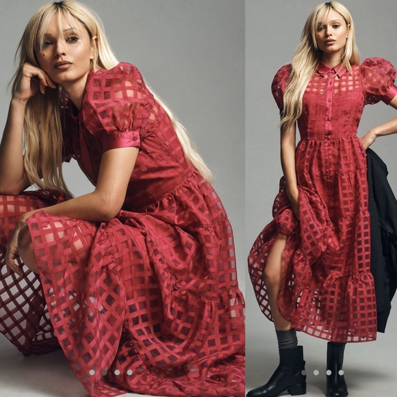 English factory Organza short sleeve button front midi dress - Picture 1 of 16